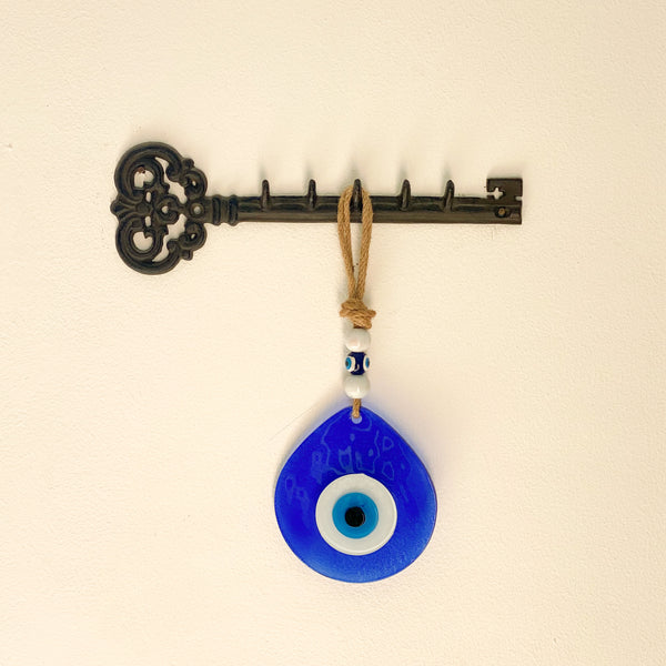 Large Glass Teardrop Evil Eye Charm - Clear Blue